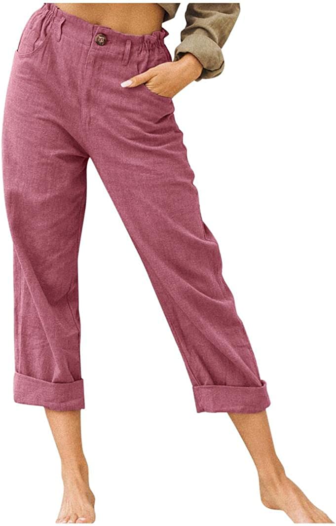 Linen Buttons Cropped Pants High Elastic Waist Stretch Capris Casual Work Crop Pants