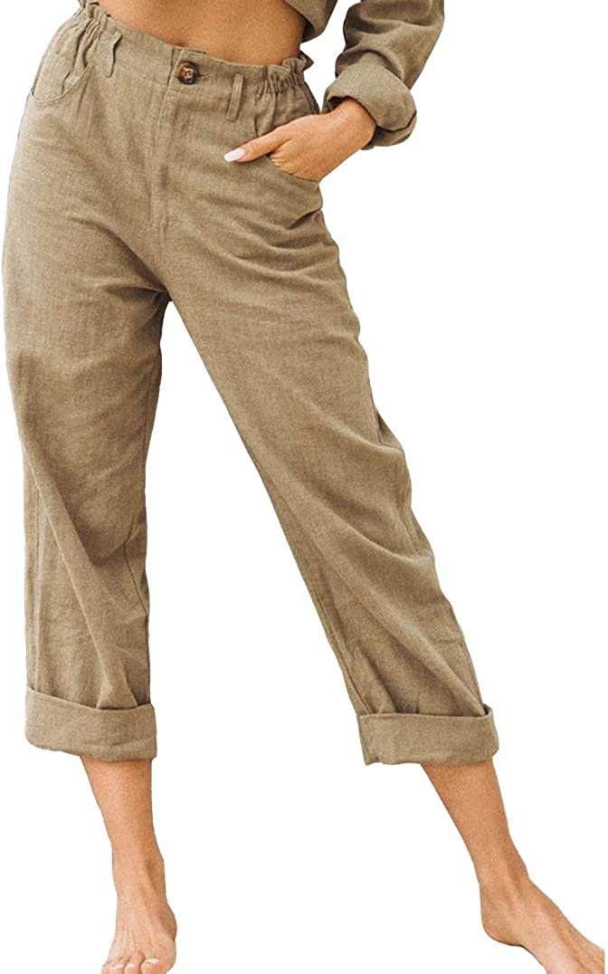 Linen Buttons Cropped Pants High Elastic Waist Stretch Capris Casual Work Crop Pants