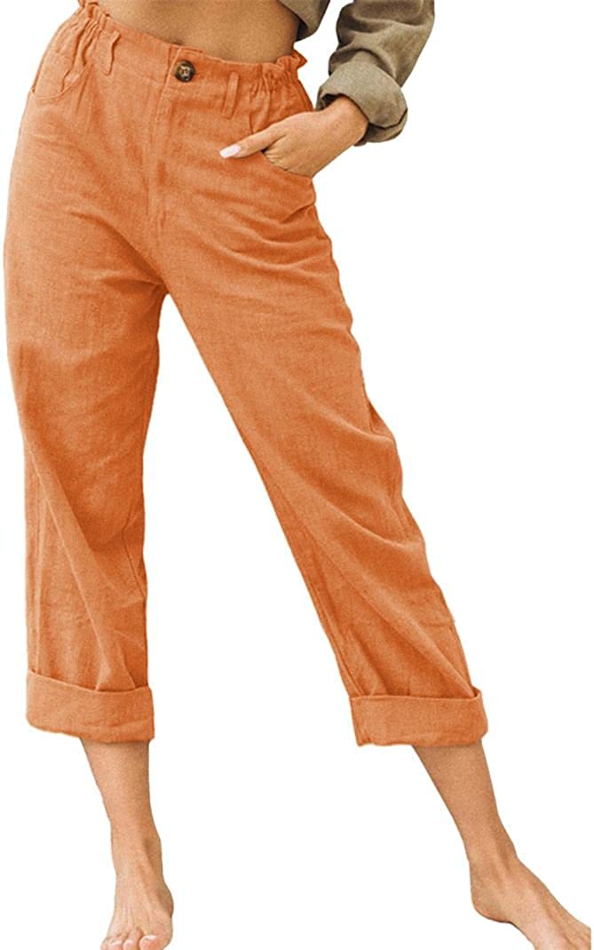 Linen Buttons Cropped Pants High Elastic Waist Stretch Capris Casual Work Crop Pants