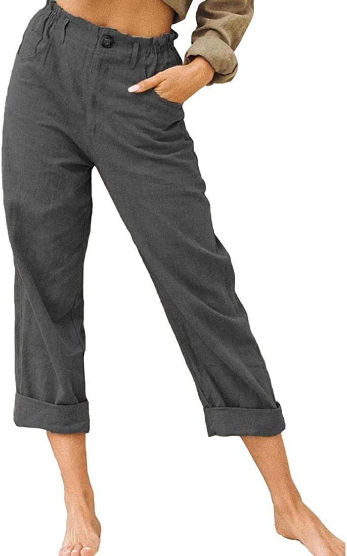 Linen Buttons Cropped Pants High Elastic Waist Stretch Capris Casual Work Crop Pants