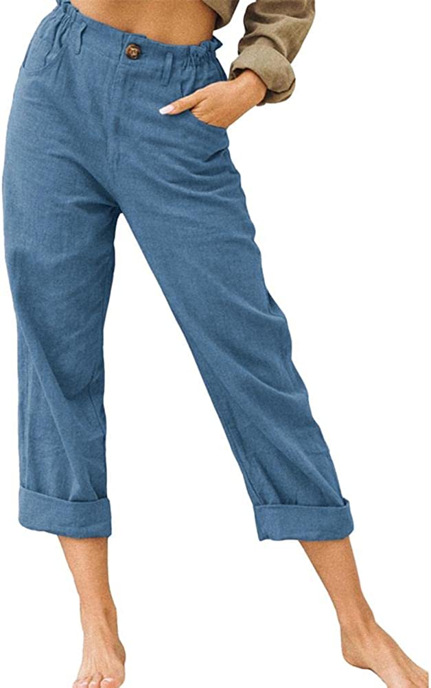 Linen Buttons Cropped Pants High Elastic Waist Stretch Capris Casual Work Crop Pants