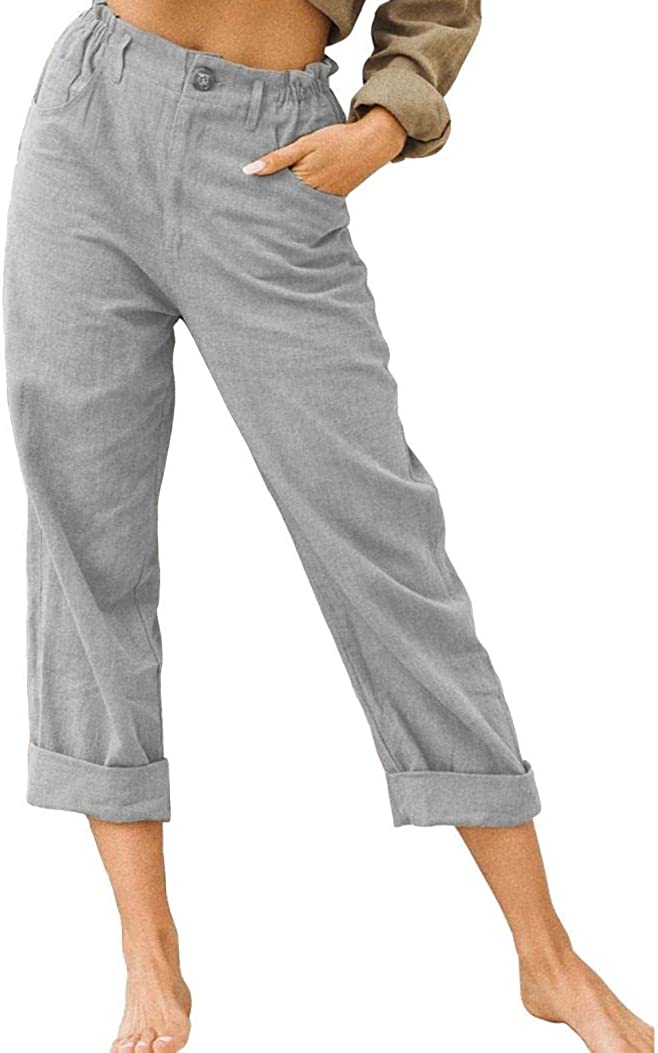 Linen Buttons Cropped Pants High Elastic Waist Stretch Capris Casual Work Crop Pants