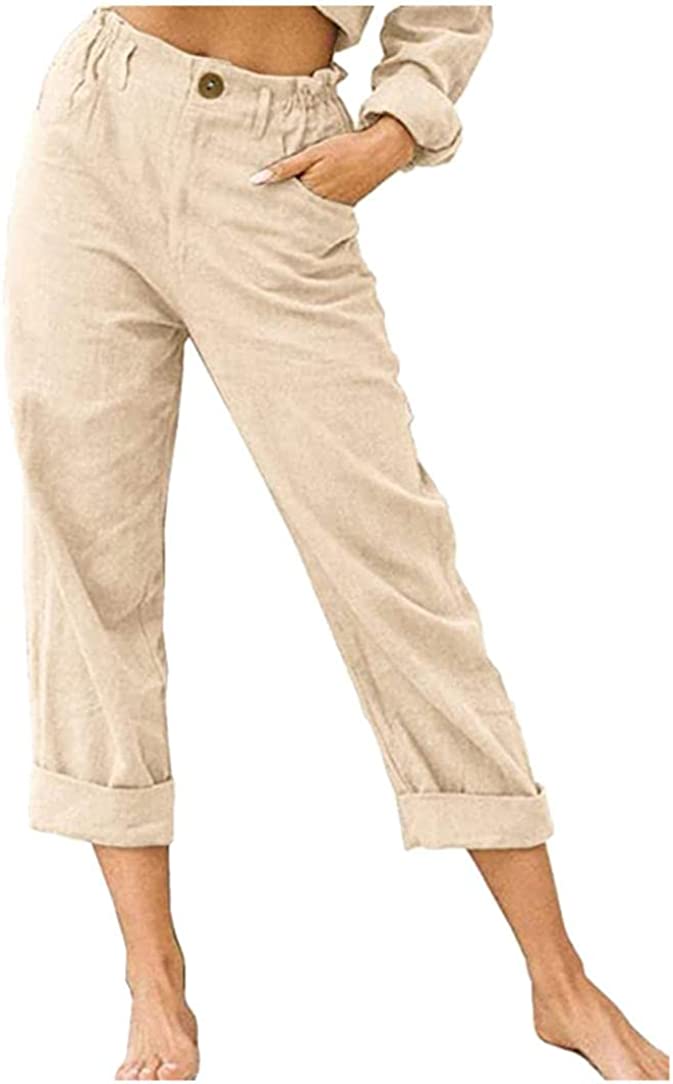 Linen Buttons Cropped Pants High Elastic Waist Stretch Capris Casual Work Crop Pants