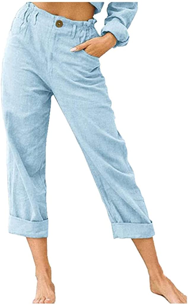 Linen Buttons Cropped Pants High Elastic Waist Stretch Capris Casual Work Crop Pants
