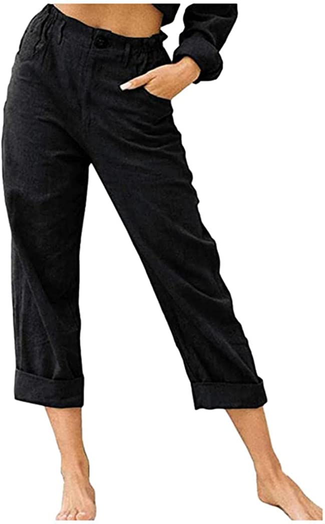 Linen Buttons Cropped Pants High Elastic Waist Stretch Capris Casual Work Crop Pants
