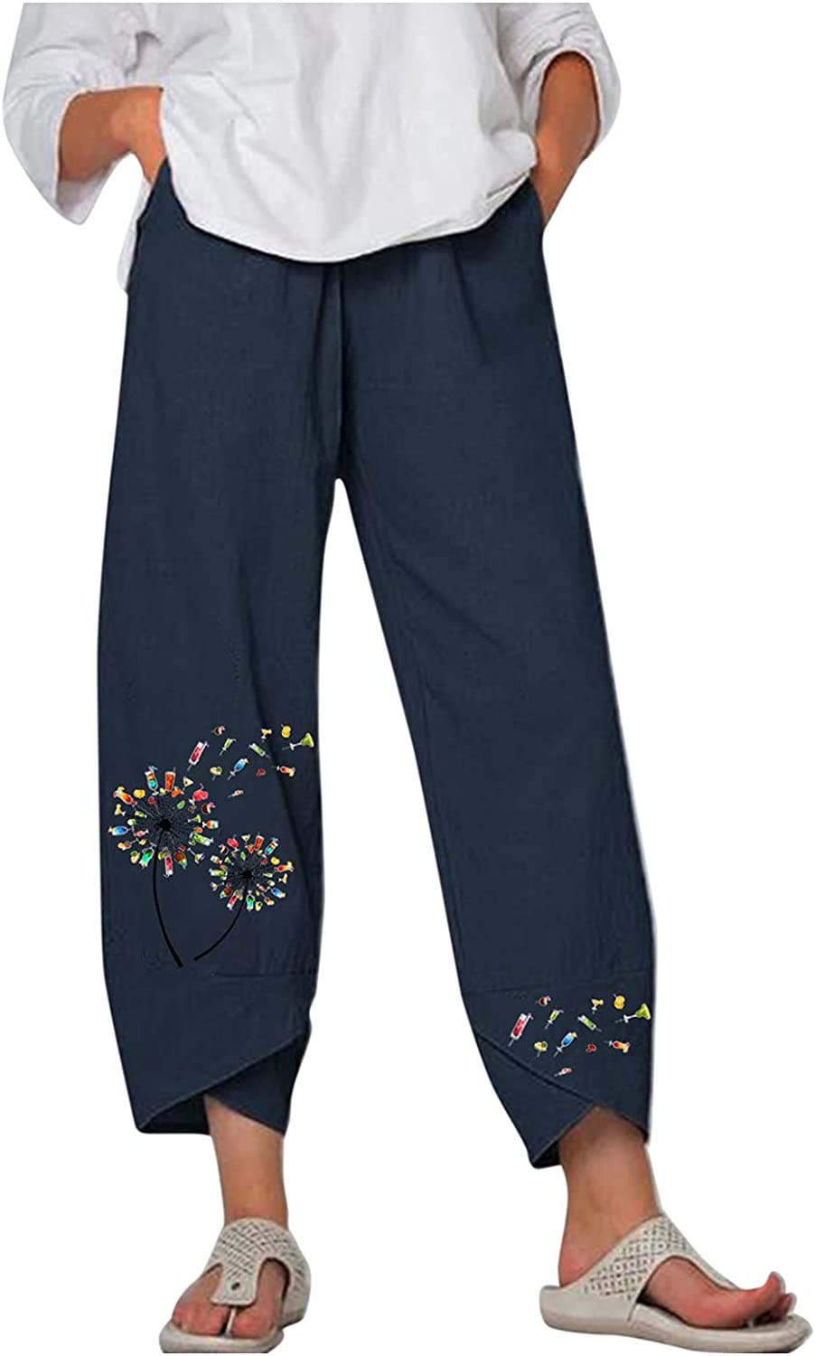 Capri Dandelion Pants for Summer Beach Elastic Waist Cropped Pants