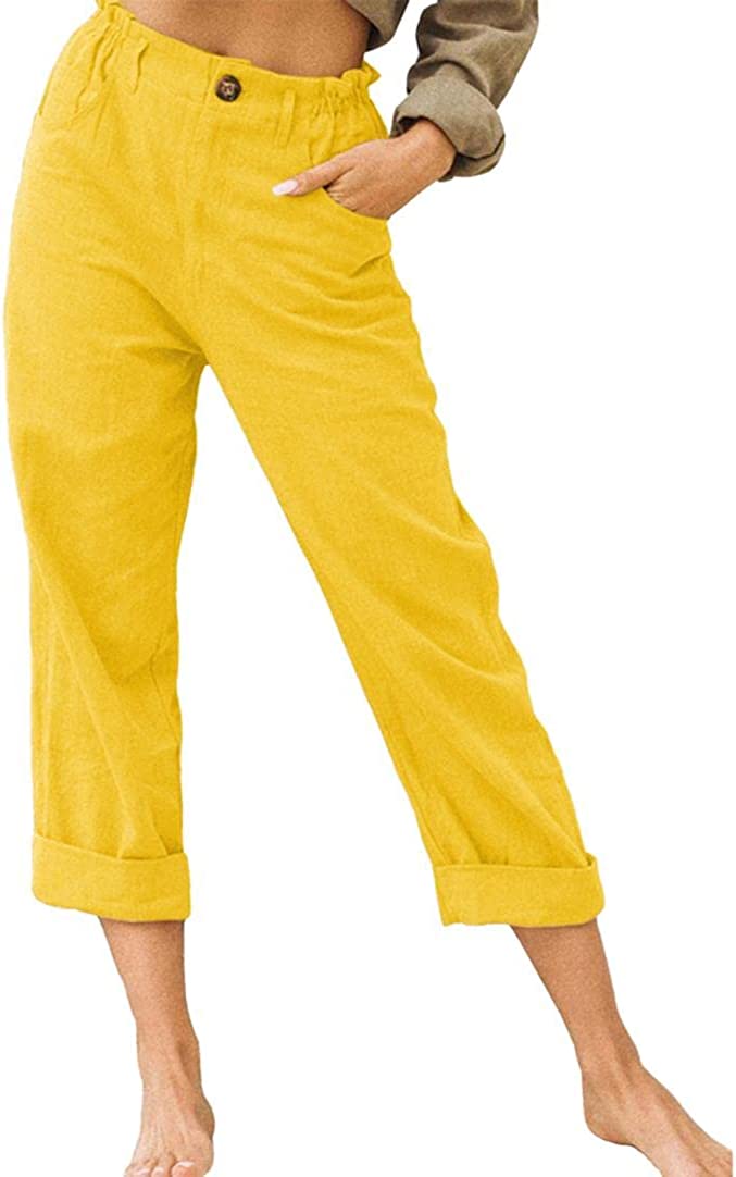 Linen Buttons Cropped Pants High Elastic Waist Stretch Capris Casual Work Crop Pants