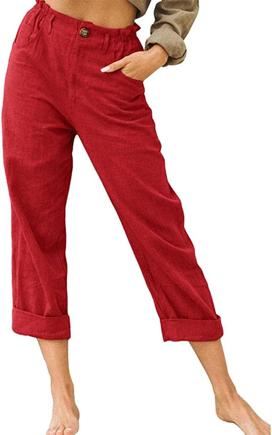 Linen Buttons Cropped Pants High Elastic Waist Stretch Capris Casual Work Crop Pants