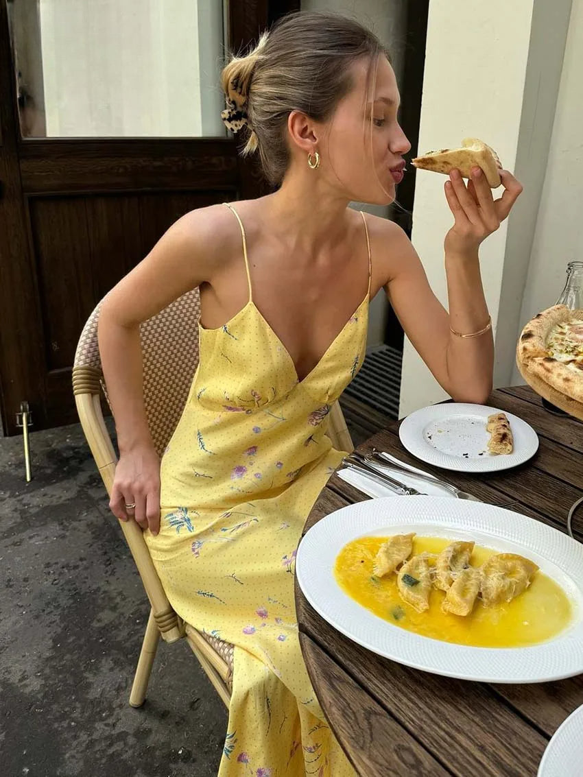 Yellow Print Open Back Spaghetti Summer Dress