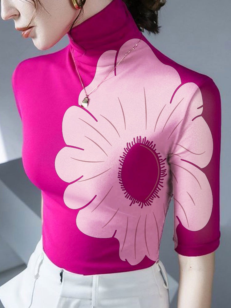 Half Sleeves Skinny Flower Print High Neck T-Shirts Tops