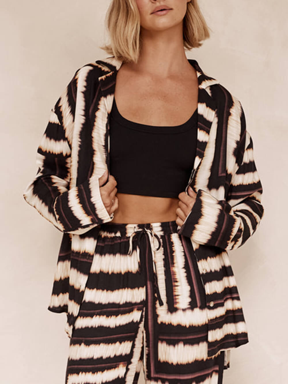 Signature Strip Textured Chocolate Print Loose Shirt Two-Pieces Set