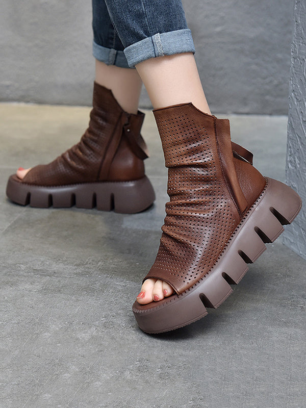 Urban Black Brown Zipper Hollow Platform Shoes