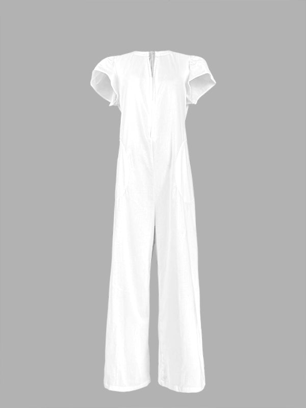 Loose Ruffle Sleeves Fringed Pleated Pockets Solid Color V-Neck Jumpsuits