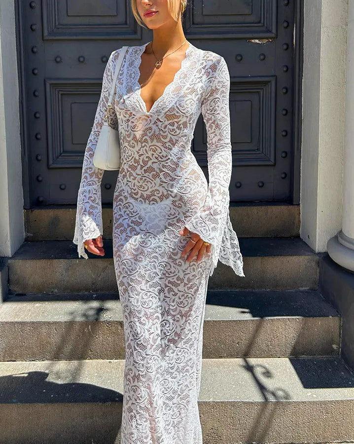 Floral Mesh Flare Sleeve Maxi Dress