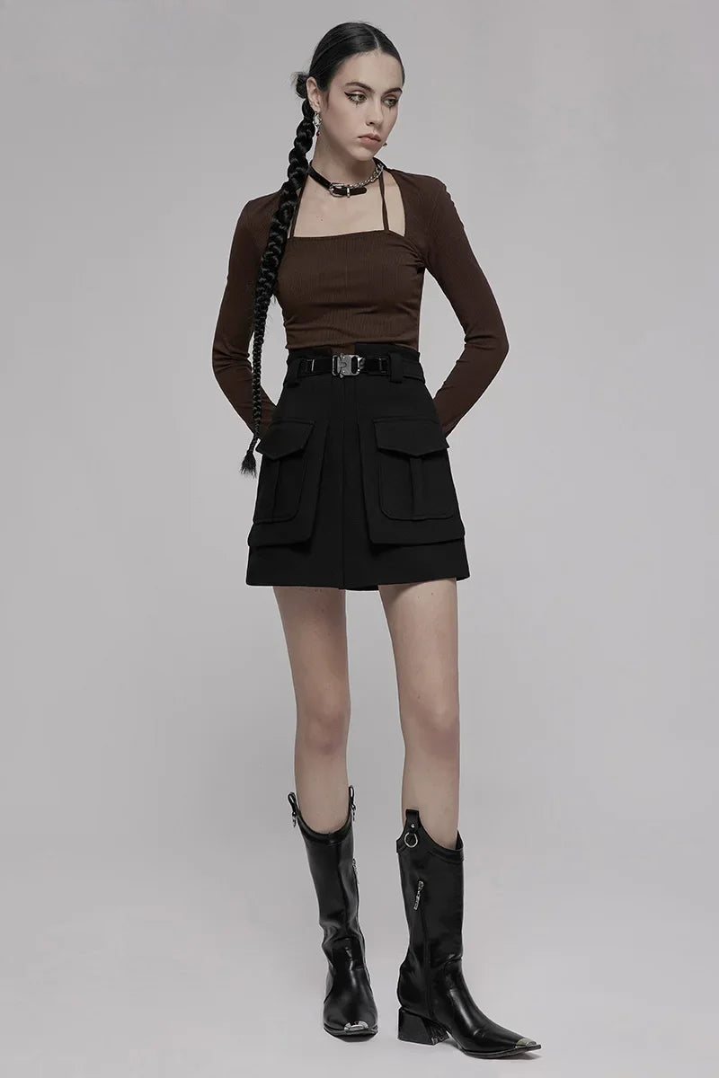Women's Collect Waist A Line Black Half Personality Casual Mini Functional Buckle Decoration Skirt
