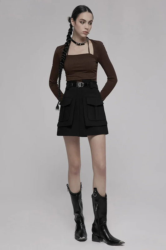 Women's Collect Waist A Line Black Half Personality Casual Mini Functional Buckle Decoration Skirt