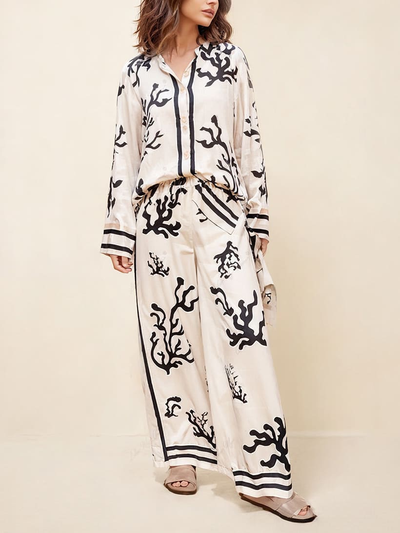 Hidden Button Closure Printed Pant Set