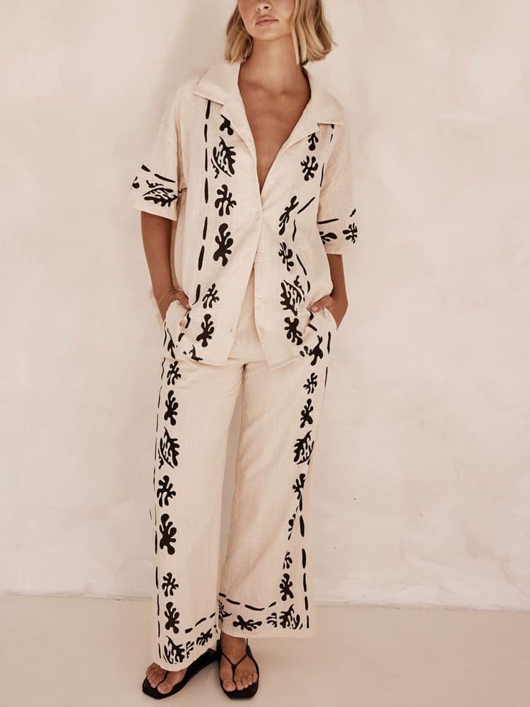 Black Printed Cream Shirt Pant Set