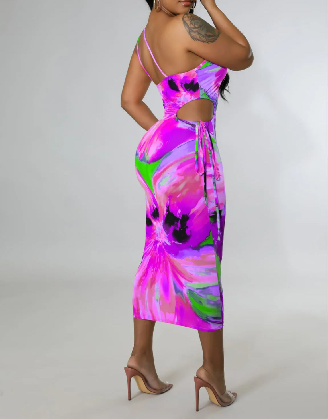 Tie Dye Spaghetti Strap Skew Neck Midi Dress