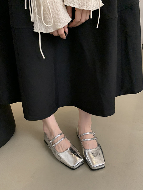 Belt Buckle Shallow Cut Split-Joint Square-Toe Mary Janes Flats