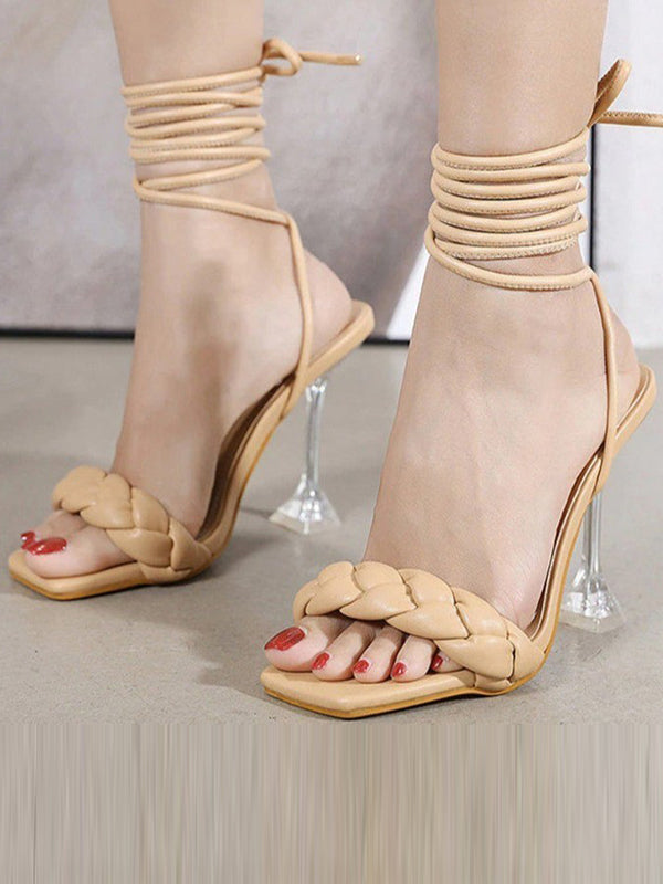 Lace-Up Open Toe Split-Joint Square-Toe Pumps Sandals