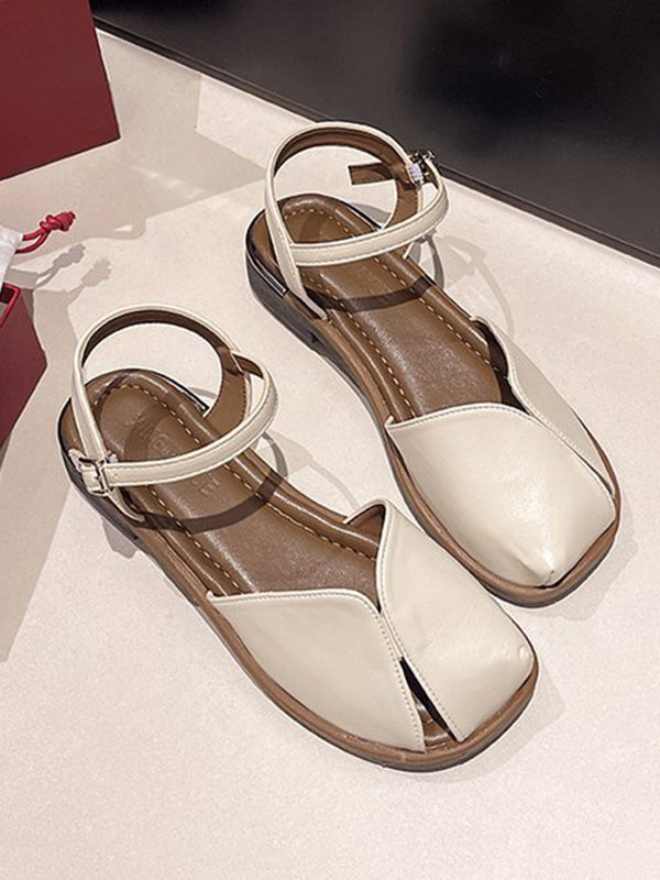 Belt Buckle Hollow Split-Joint Square-Toe Sandals Flat Shoes