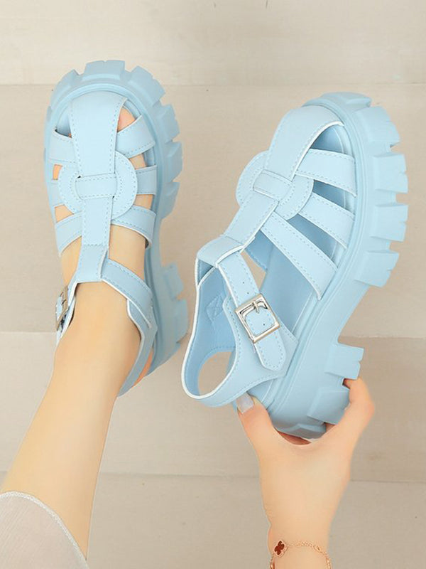 Belt Buckle Hollow Round-Toe Split-Joint Sandals Platform Shoes Gladiators