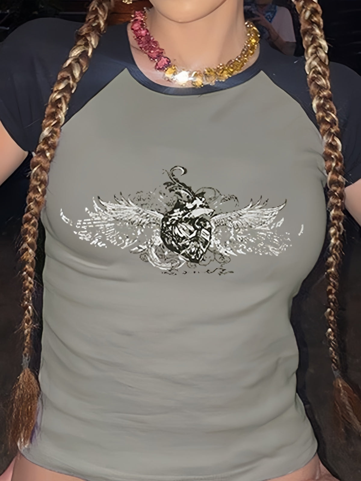 Raglan Sleeve Crop Top with Grunge Wing Print