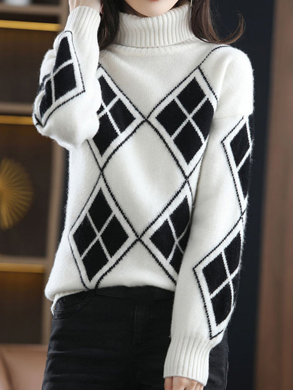 Casual Long Sleeves Loose Plaid High-Neck Sweater Tops