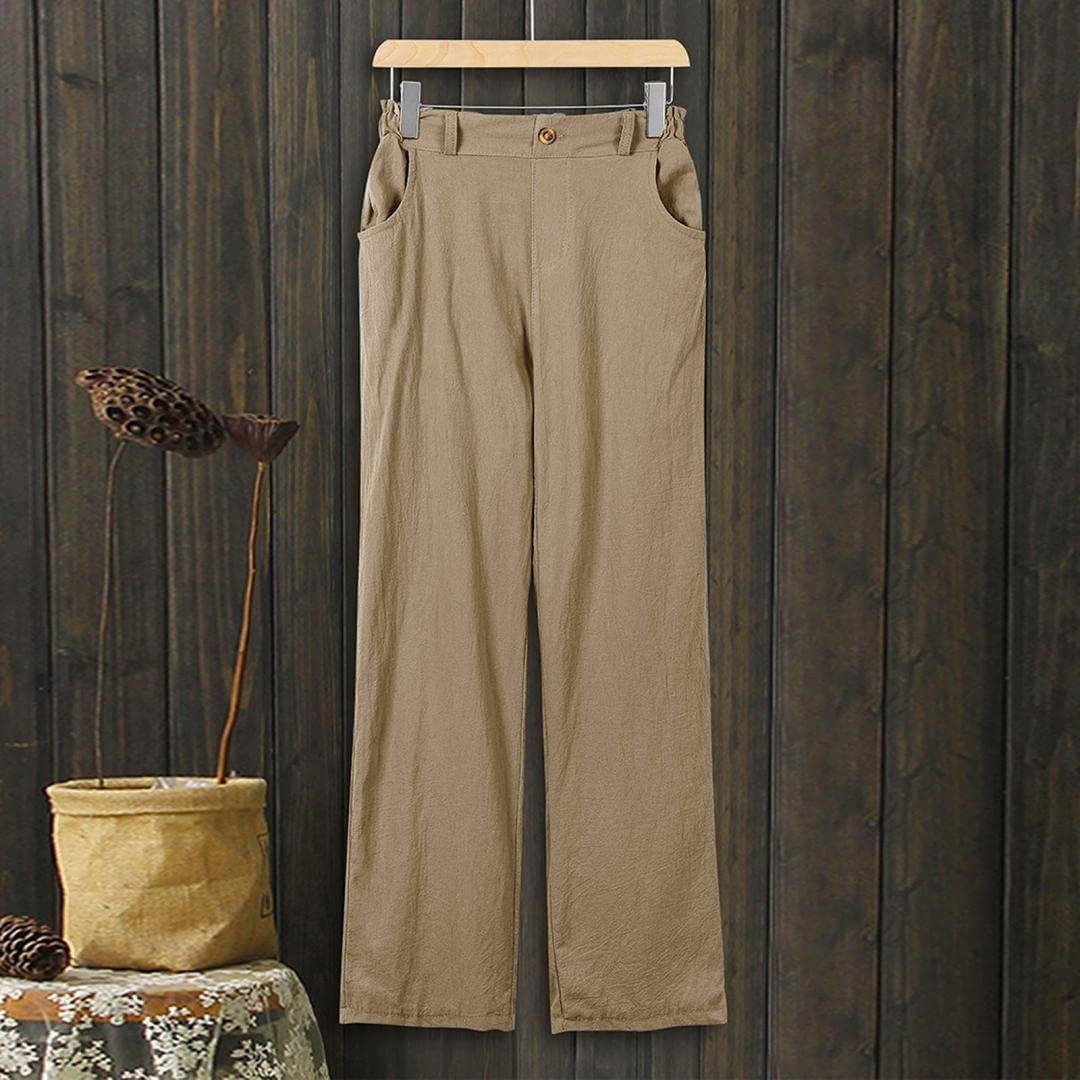 Linen Buttons Cropped Pants High Elastic Waist Stretch Capris Casual Work Crop Pants