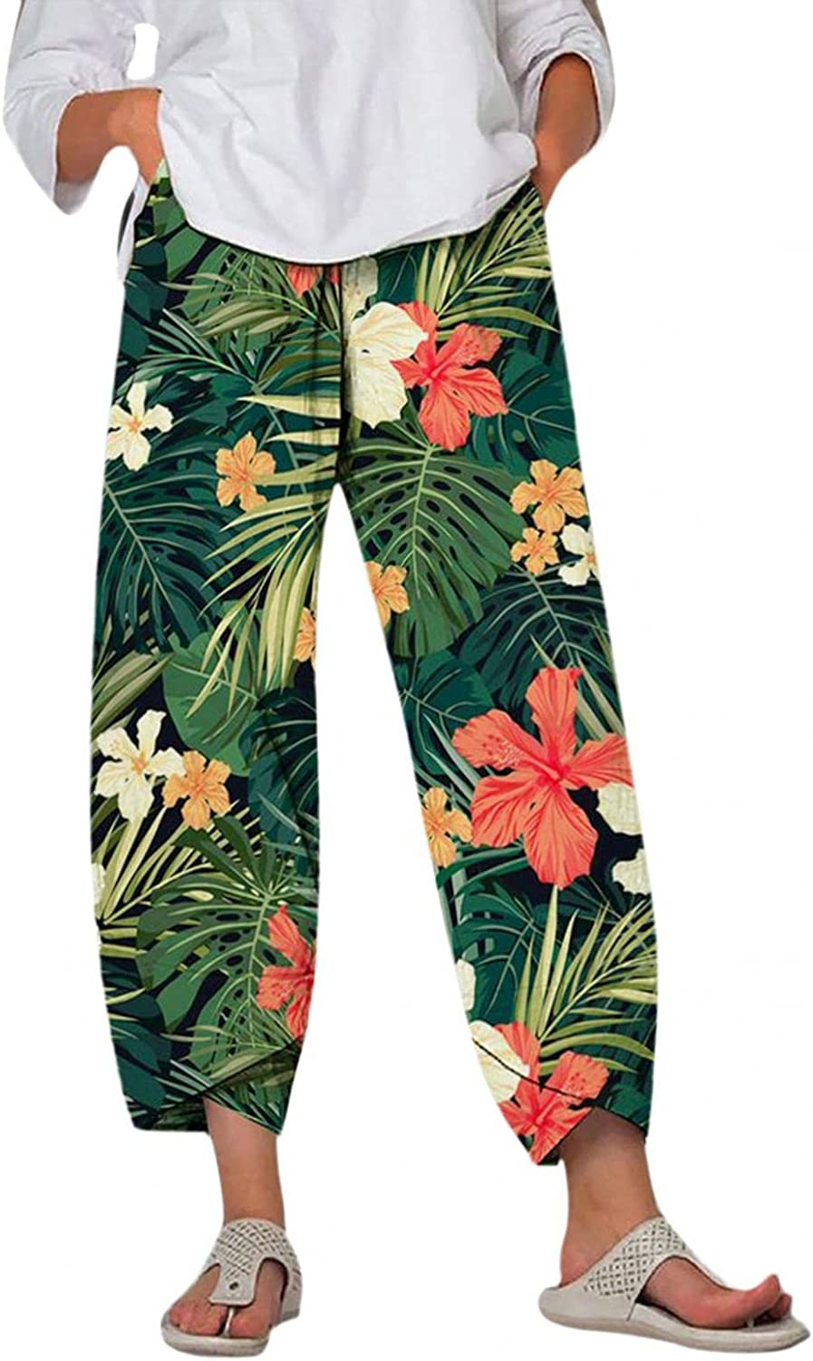 Capri Dandelion Pants for Summer Beach Elastic Waist Cropped Pants