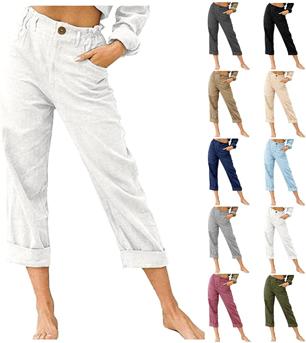 Linen Buttons Cropped Pants High Elastic Waist Stretch Capris Casual Work Crop Pants