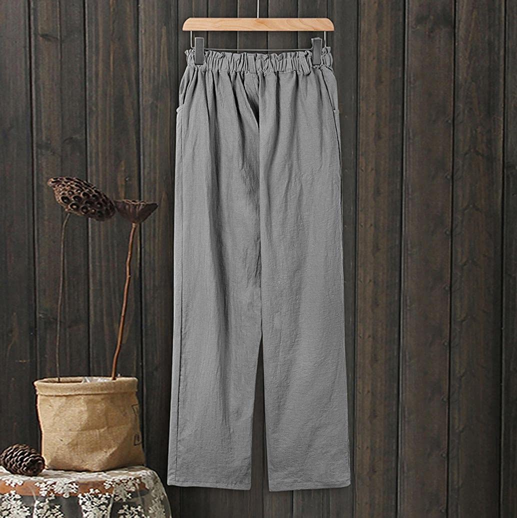 Linen Buttons Cropped Pants High Elastic Waist Stretch Capris Casual Work Crop Pants