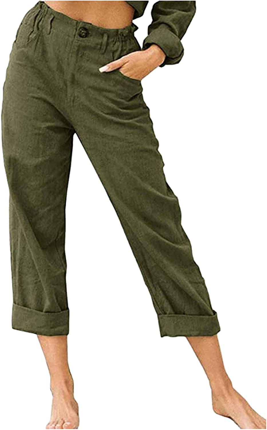Linen Buttons Cropped Pants High Elastic Waist Stretch Capris Casual Work Crop Pants