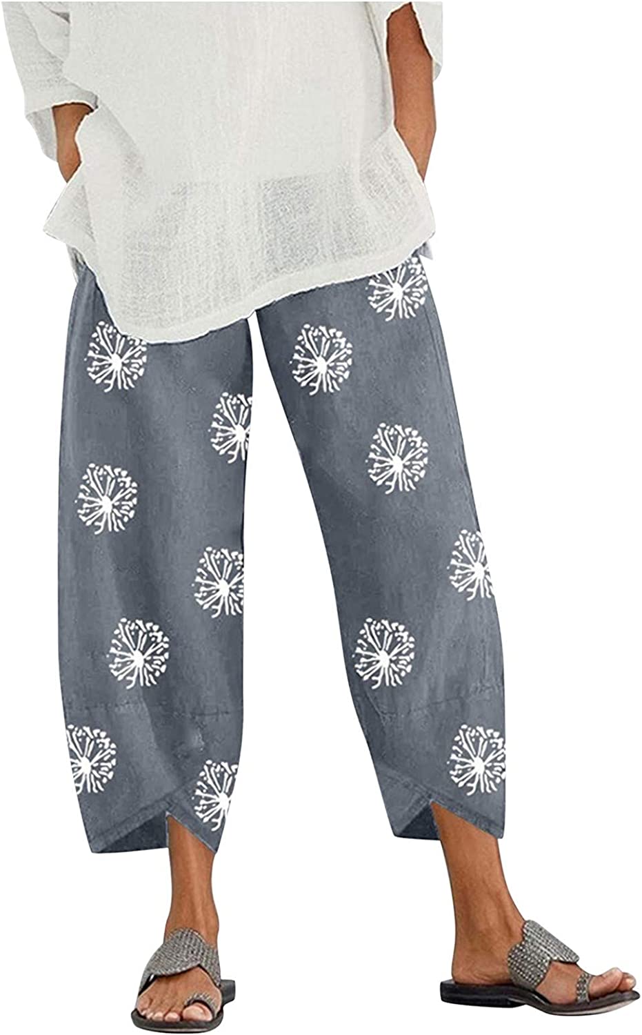 Capri Dandelion Pants for Summer Beach Elastic Waist Cropped Pants