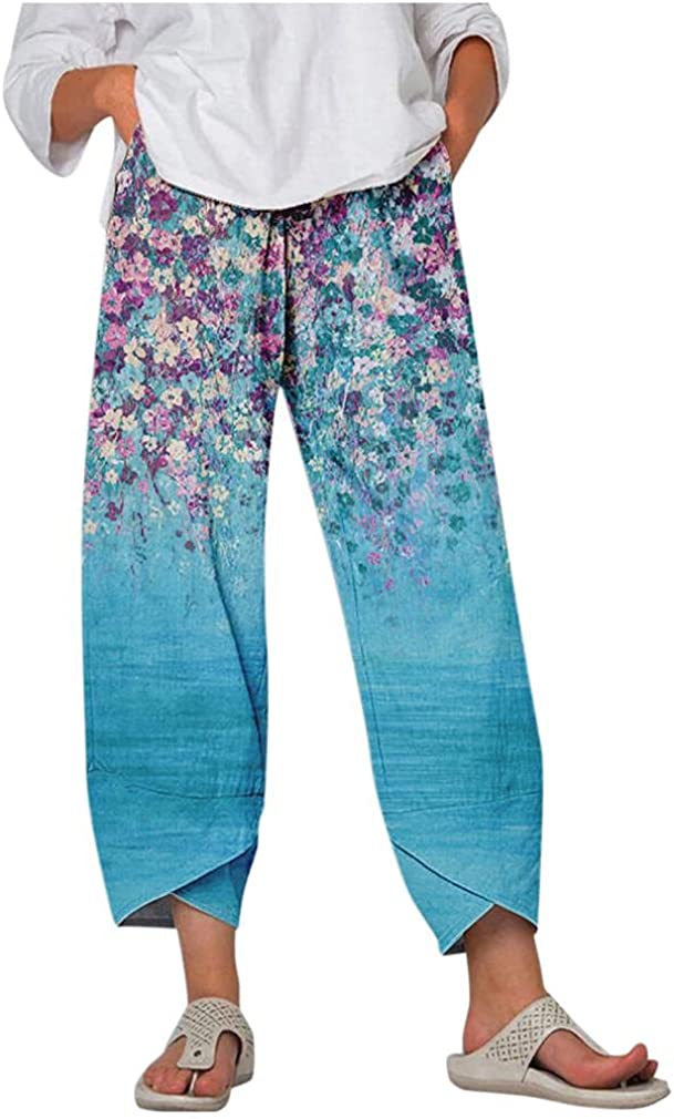 Capri Dandelion Pants for Summer Beach Elastic Waist Cropped Pants