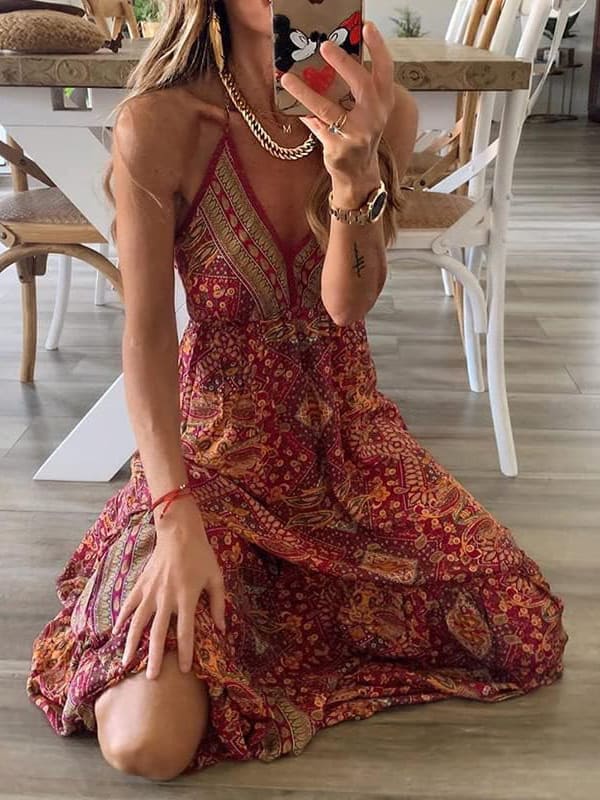 High Waist V-Neck Vintage Print Maxi Dress