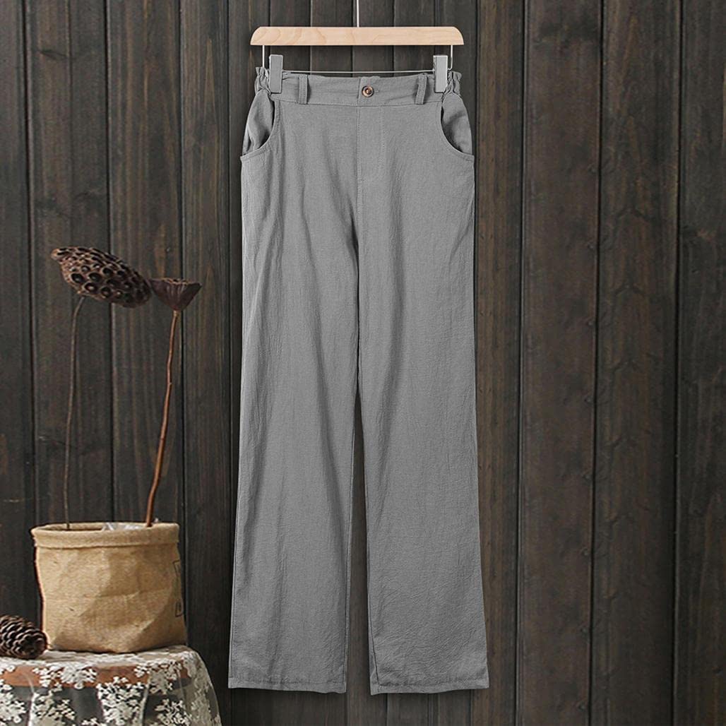 Linen Buttons Cropped Pants High Elastic Waist Stretch Capris Casual Work Crop Pants
