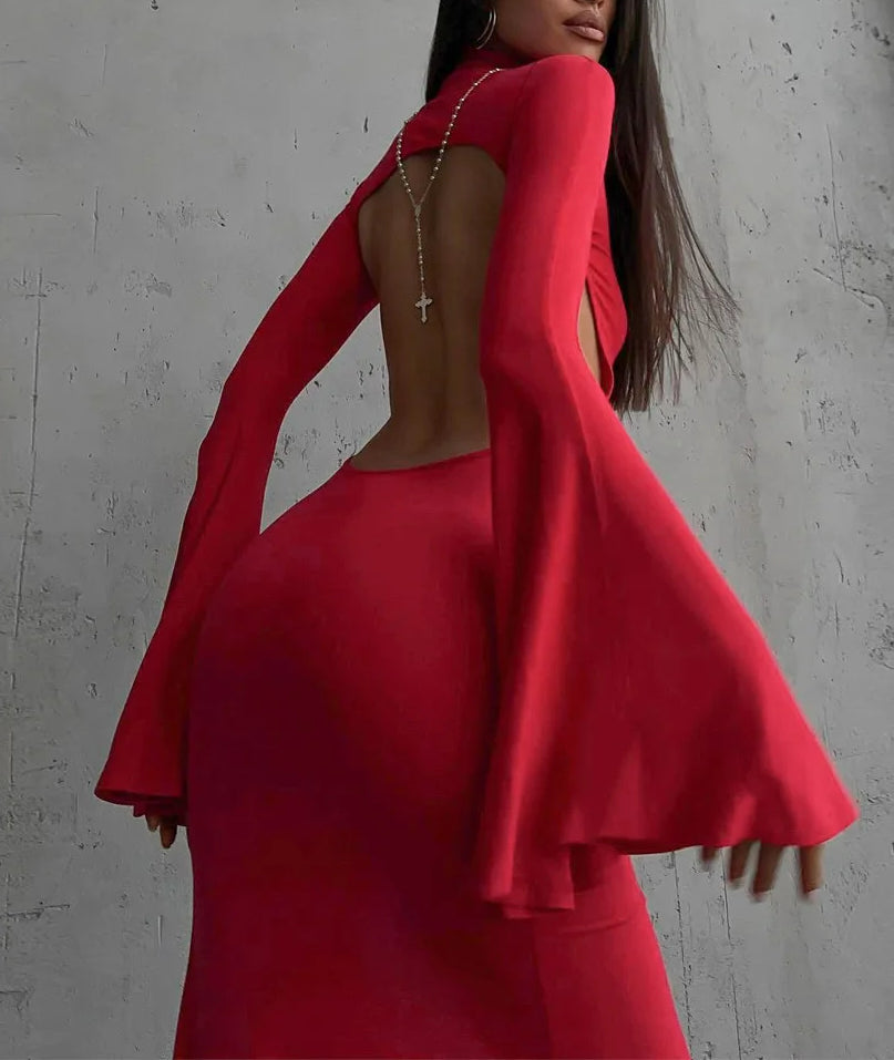 Turtleneck Slit Backless Maxi Dress