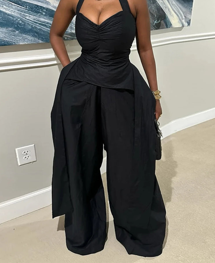 Ruched V Neck Wide Leg Two Piece Pants Set