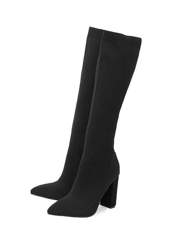 Pointed-Toe Solid Color Chunky Shoes Pumps Boots