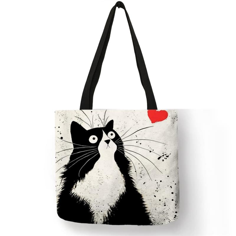 Cartoon Cat Printed Linen Tote Bag