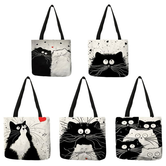 Cartoon Cat Printed Linen Tote Bag