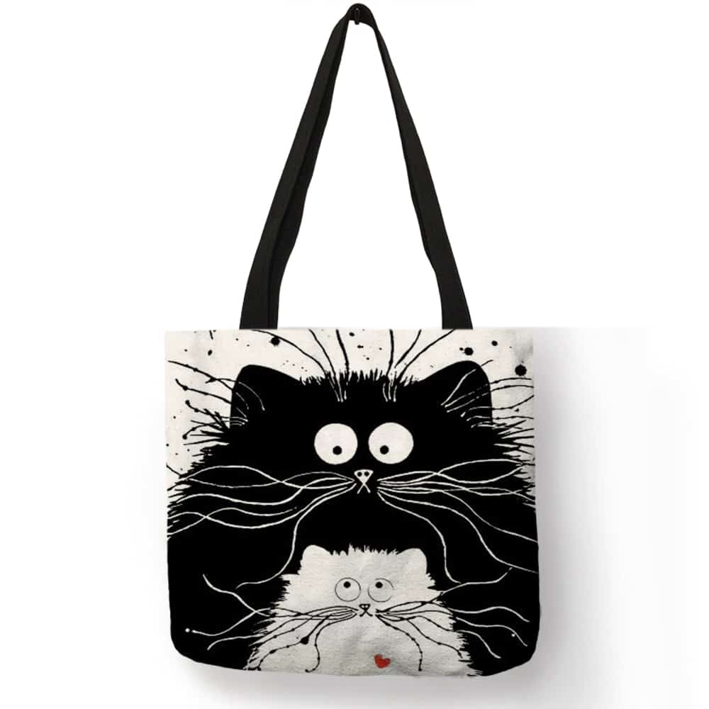 Cartoon Cat Printed Linen Tote Bag