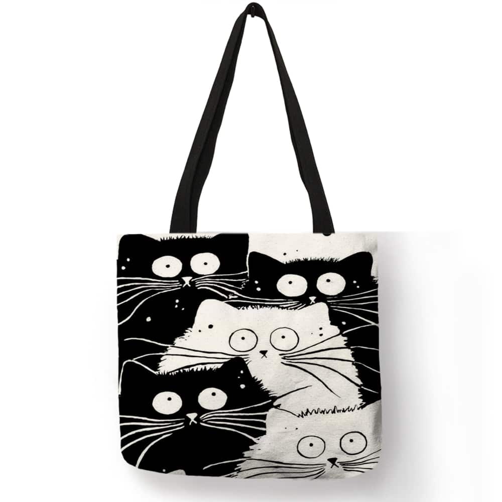 Cartoon Cat Printed Linen Tote Bag