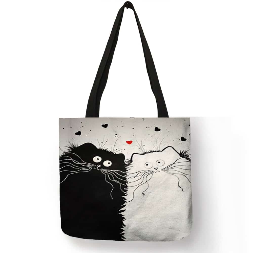 Cartoon Cat Printed Linen Tote Bag