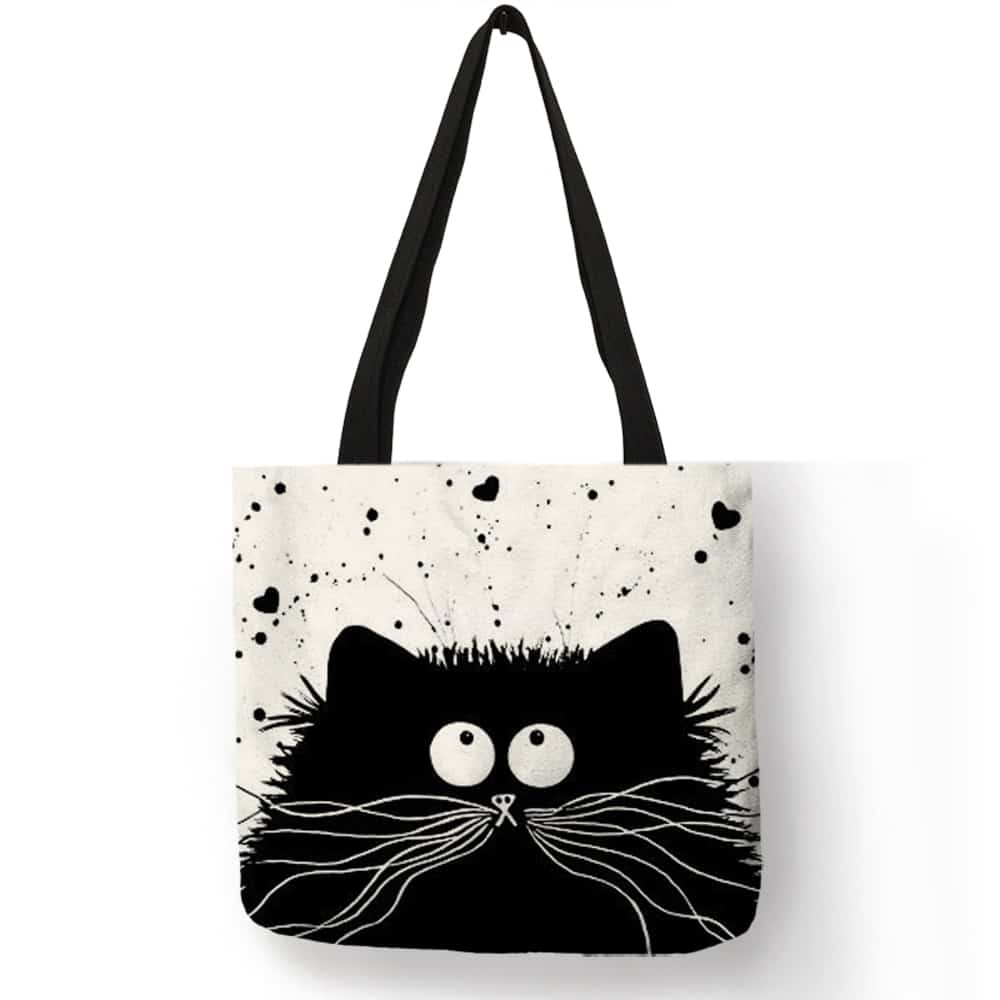 Cartoon Cat Printed Linen Tote Bag