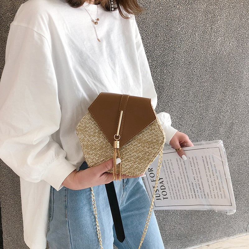 Hexagon Shaped Straw Shoulder Bag
