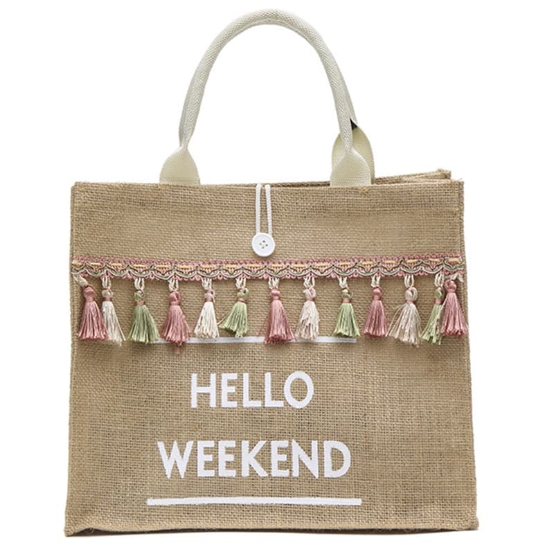Linen Hello Weekend Tassel Tote Bag
