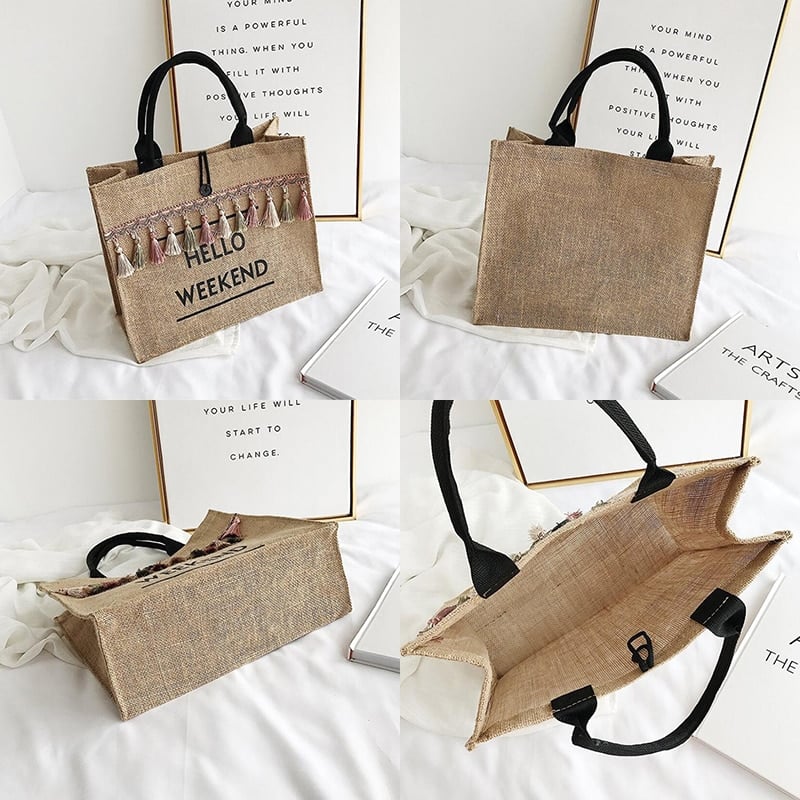 Linen Hello Weekend Tassel Tote Bag